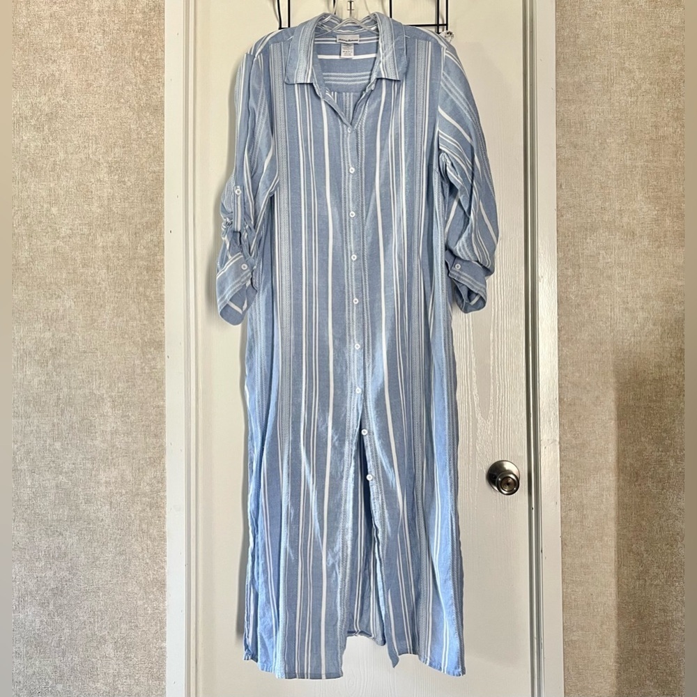 Tommy Bahama Blue and White Striped Button-Up Shirt Dress